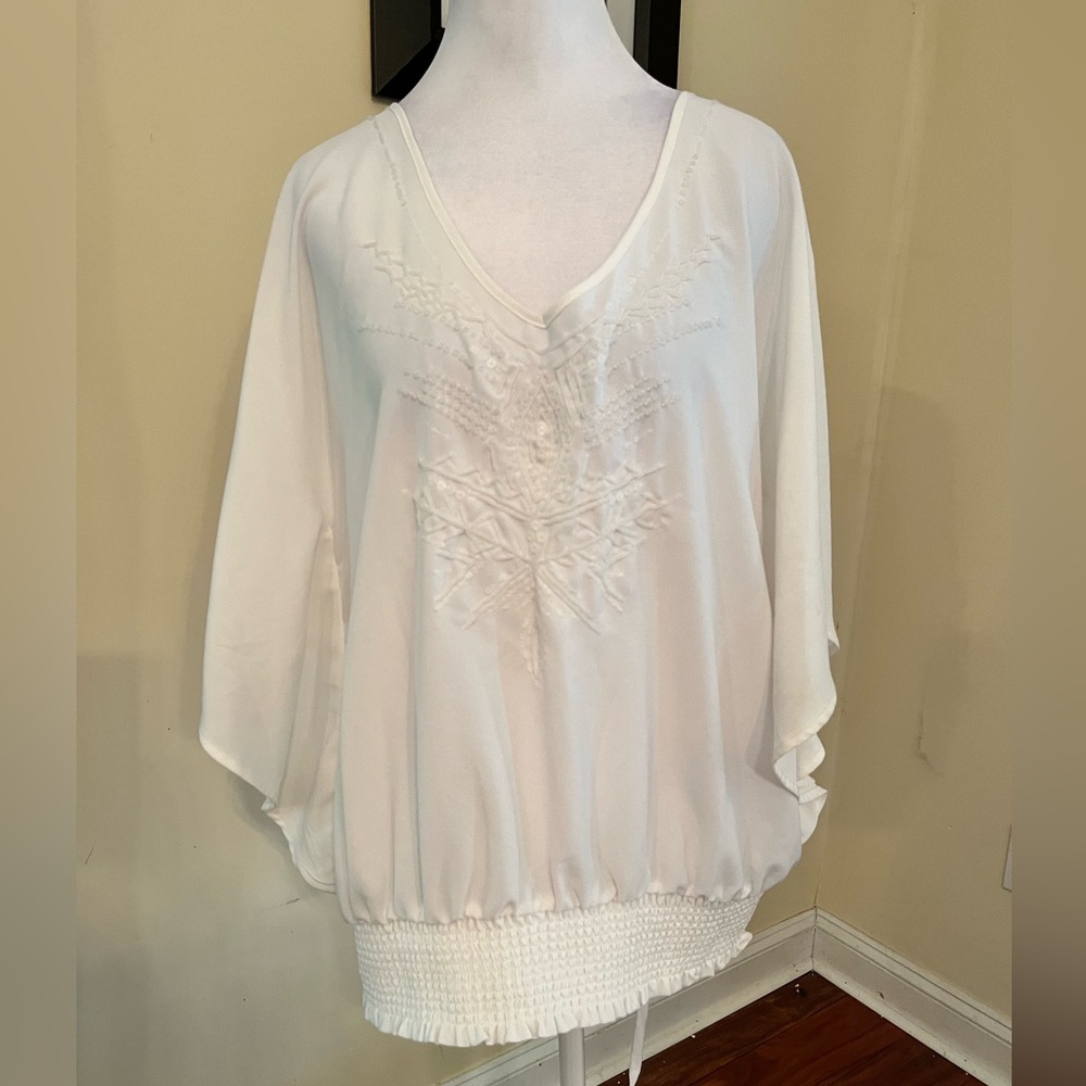 Coldwater Creek‎ White Flutter Sleeve Embellished Blouse